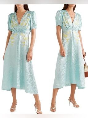SALONI Lea Shirred Embroidered Silksatin Jacquard Midi Dress size US 2.